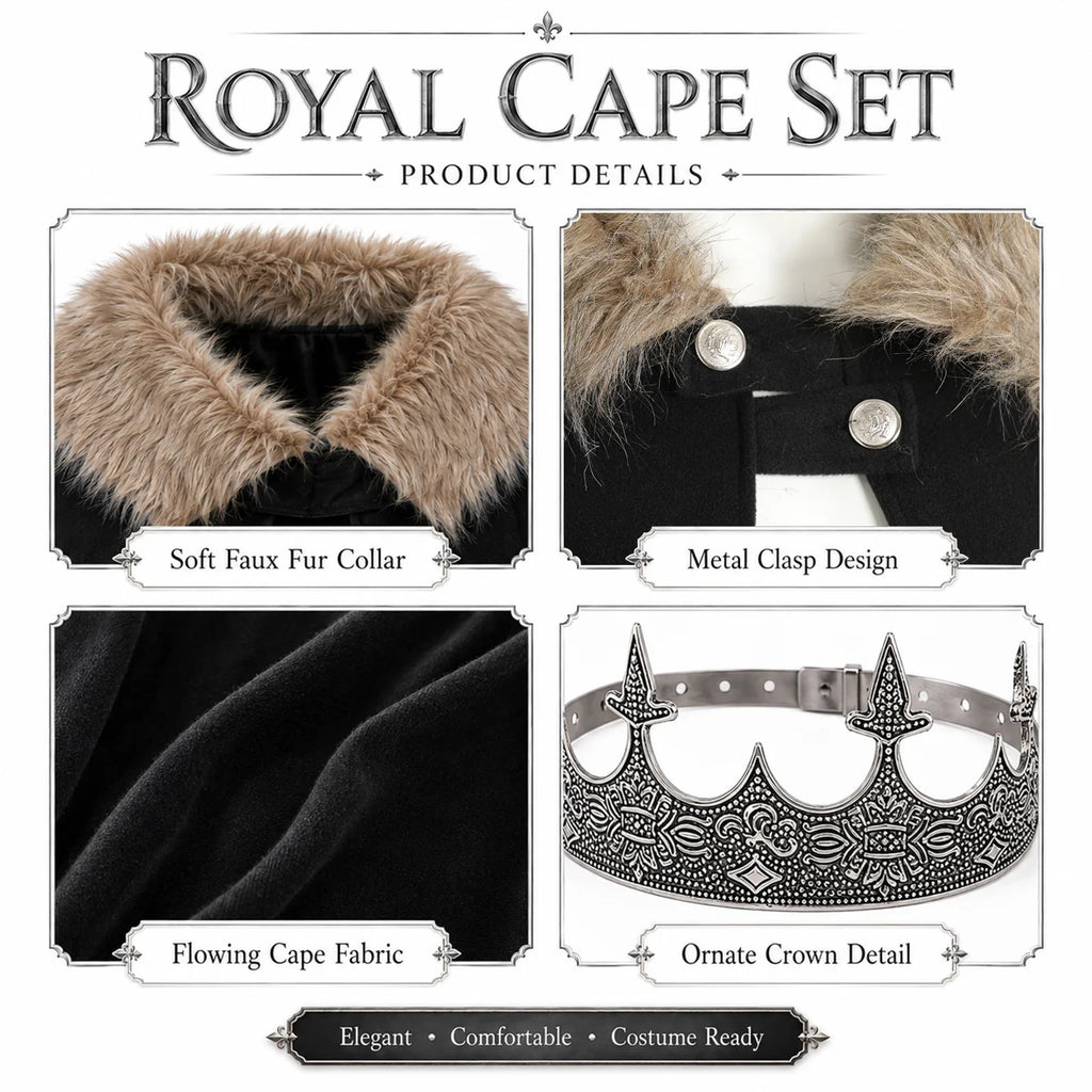 Black king cape collar, clasp, flowing fabric and crown details.