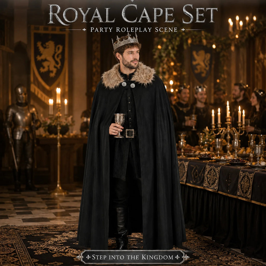 Black king cape and crown costume styled in a royal hall scene.
