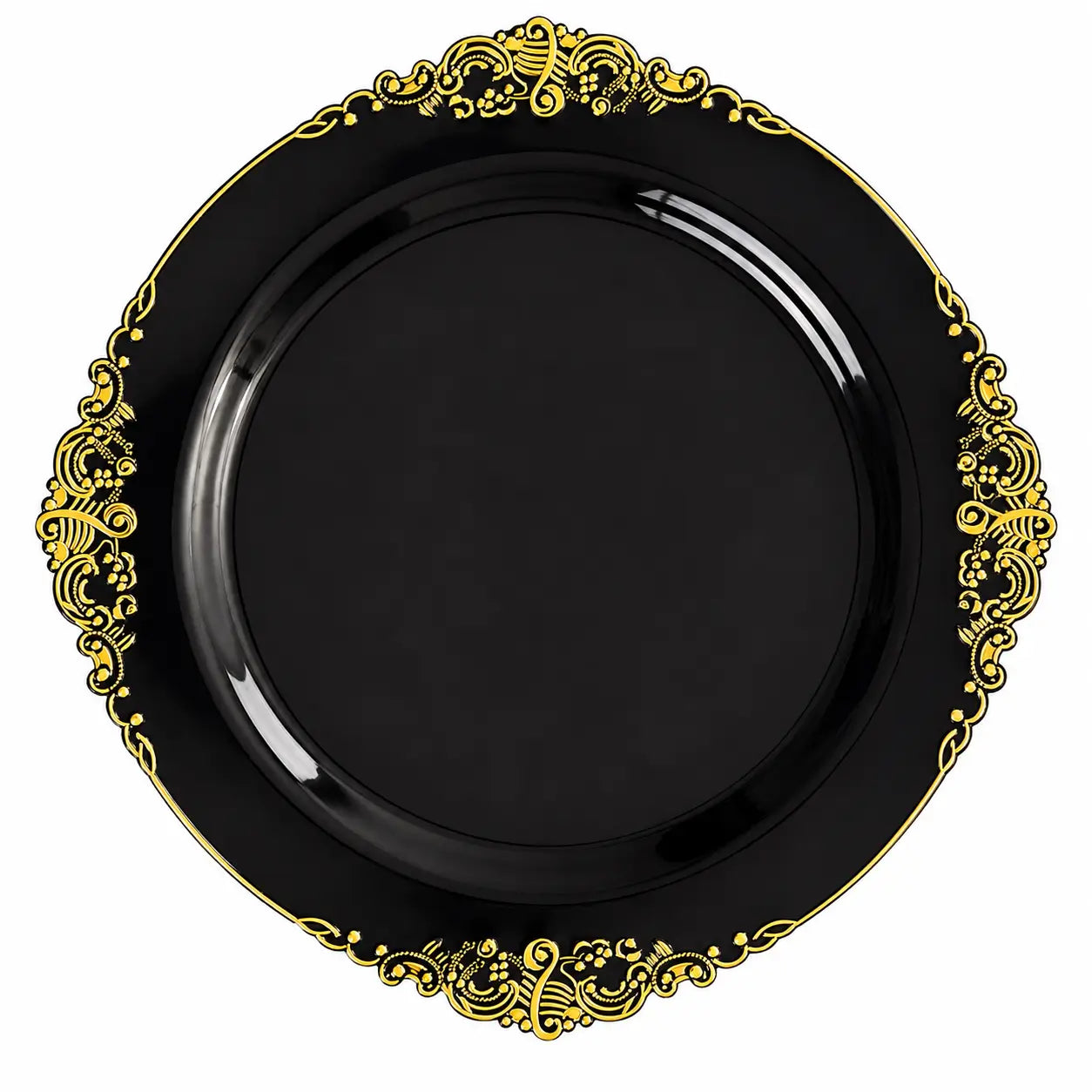 Black decorative plate with intricate gold ornate pattern around the rim, isolated on white background