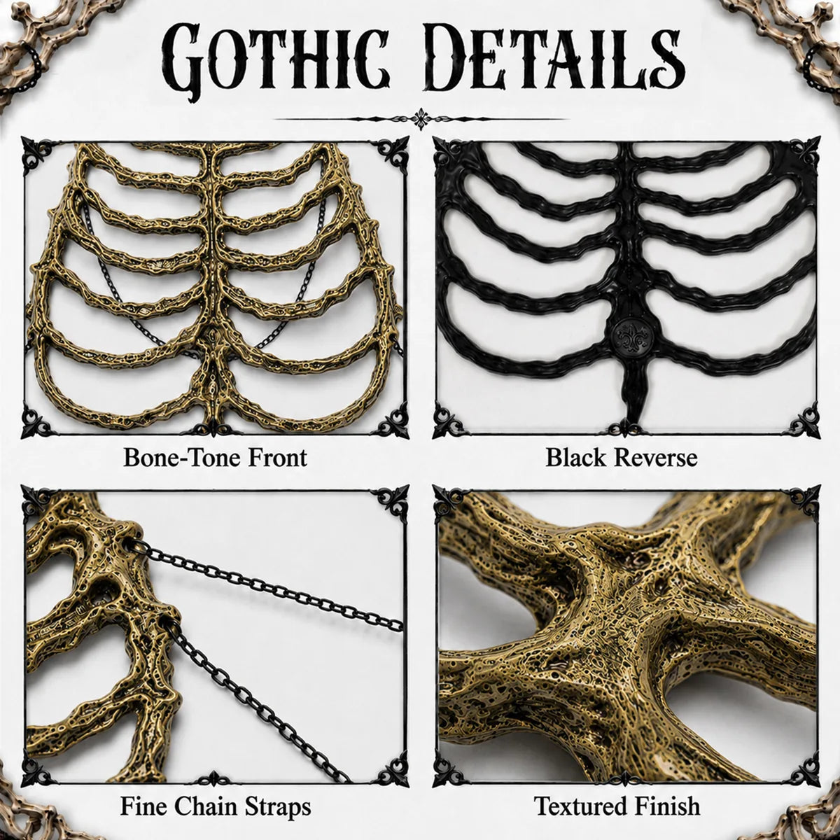 Close-up details of the black gold skeleton chest armor, showing visible texture, color, and construction.