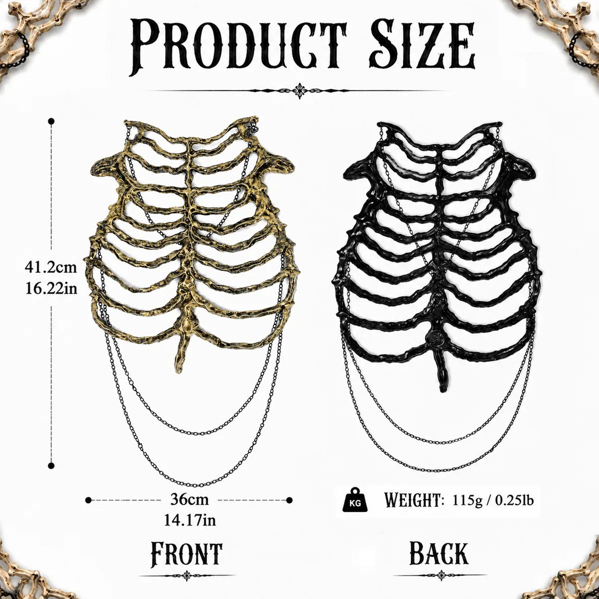 Dimension chart for the black gold skeleton chest armor, showing the listed product measurements and scale.