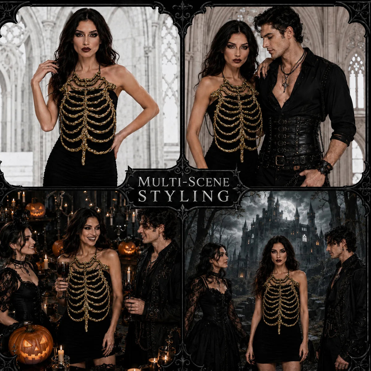 The black gold skeleton chest armor shown across several styled Halloween and event display scenes.