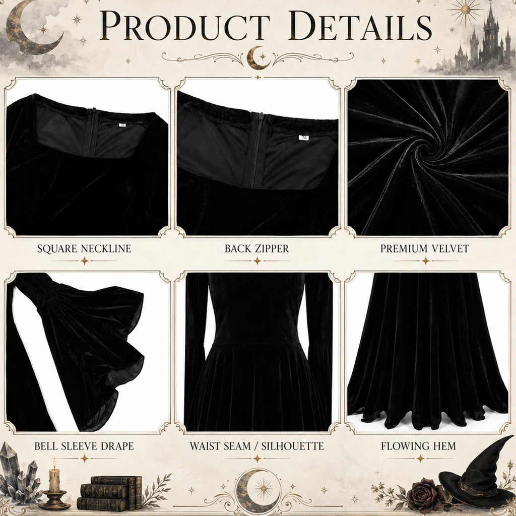 Black Gothic velvet dress square neck back zipper waist seam and hem details