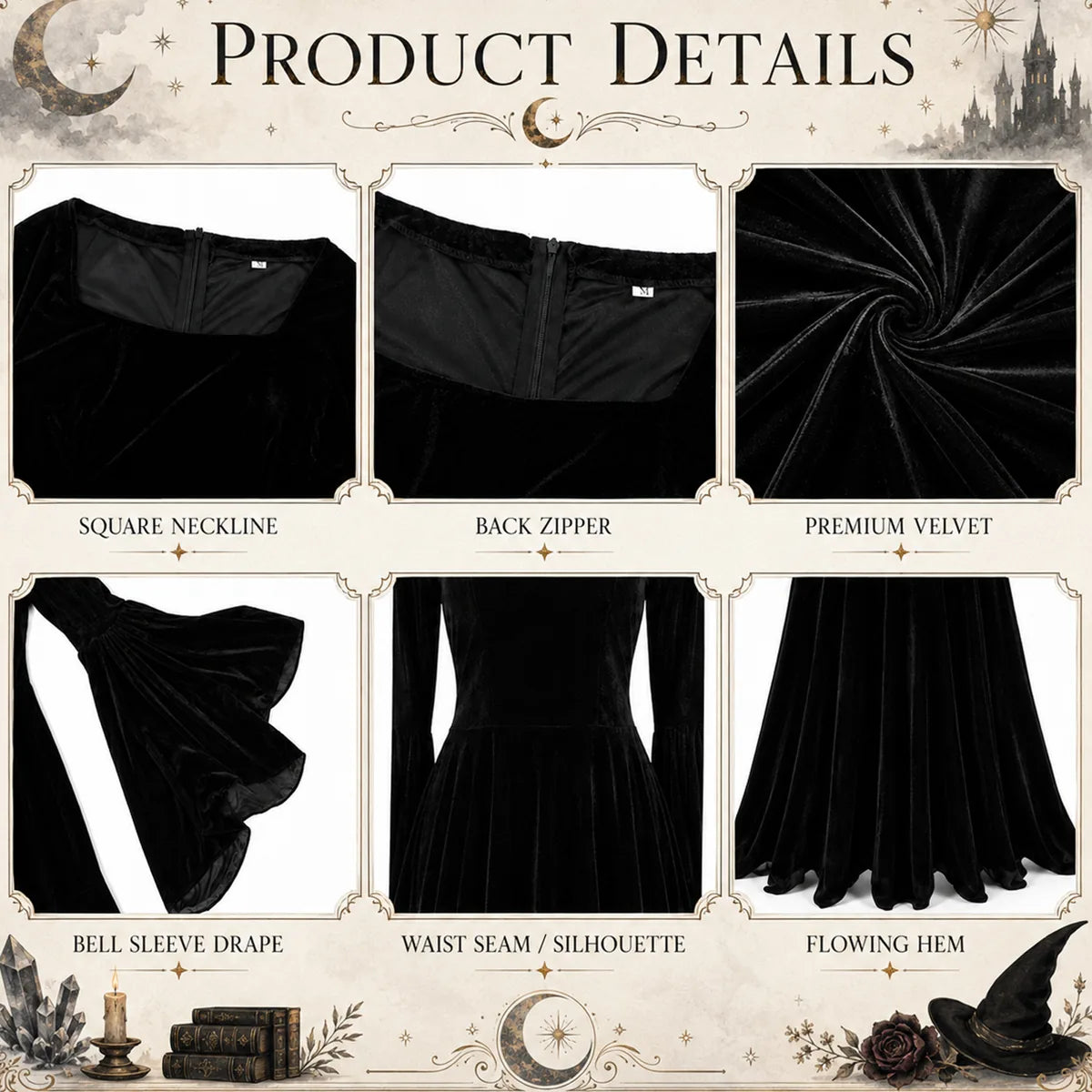 Black Gothic velvet dress square neck back zipper waist seam and hem details