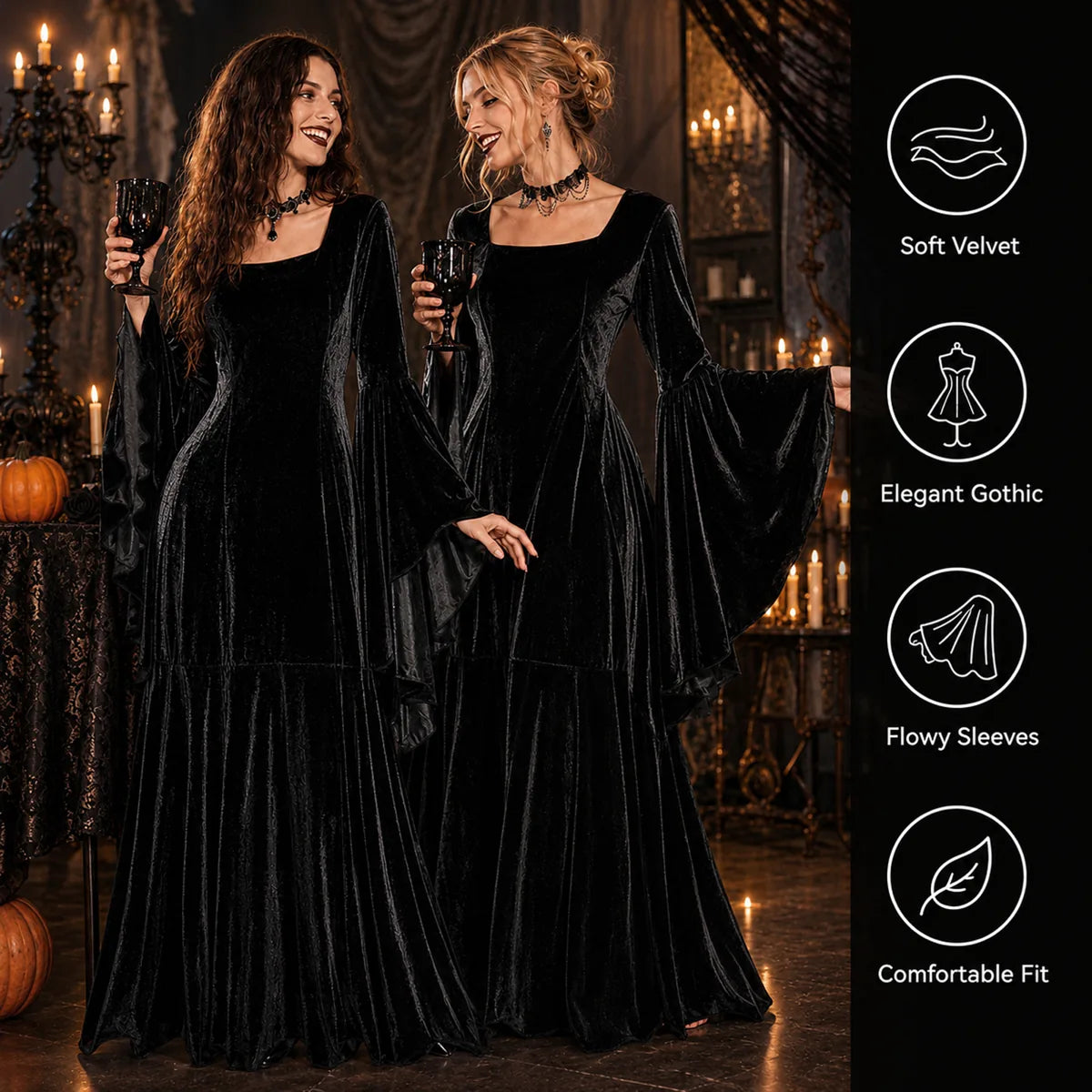 Black velvet Gothic dress soft fabric flowing sleeves and comfortable fit