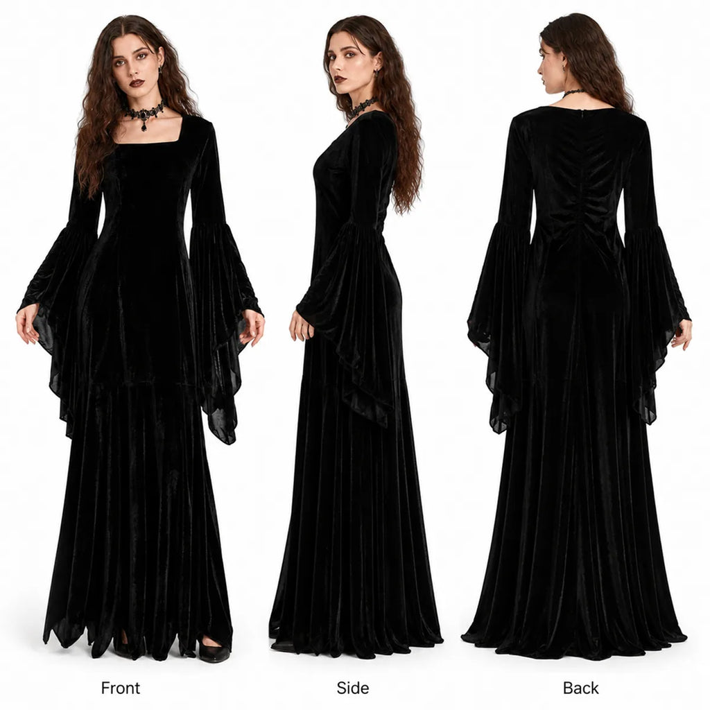 Women’s black velvet Gothic dress front side and back views