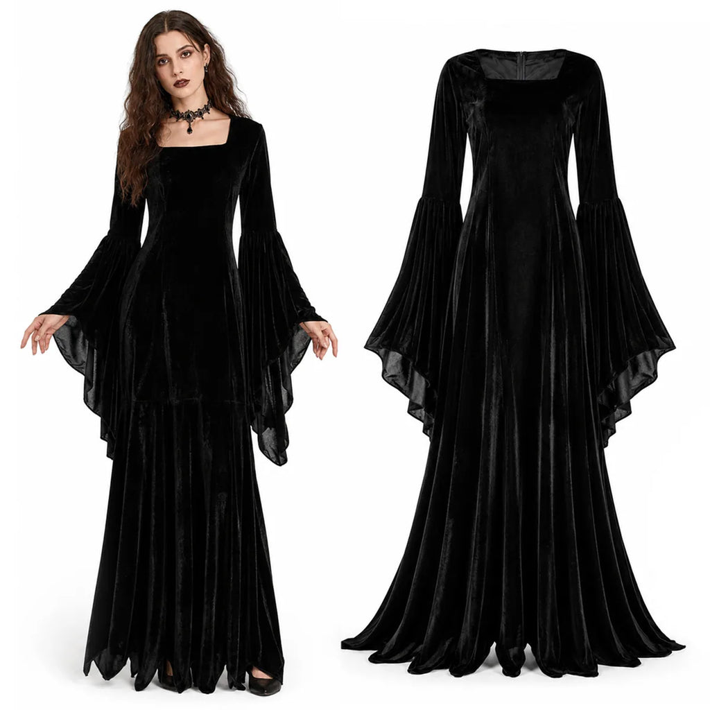 Women’s black velvet Gothic ghost bride dress with flowing bell sleeves