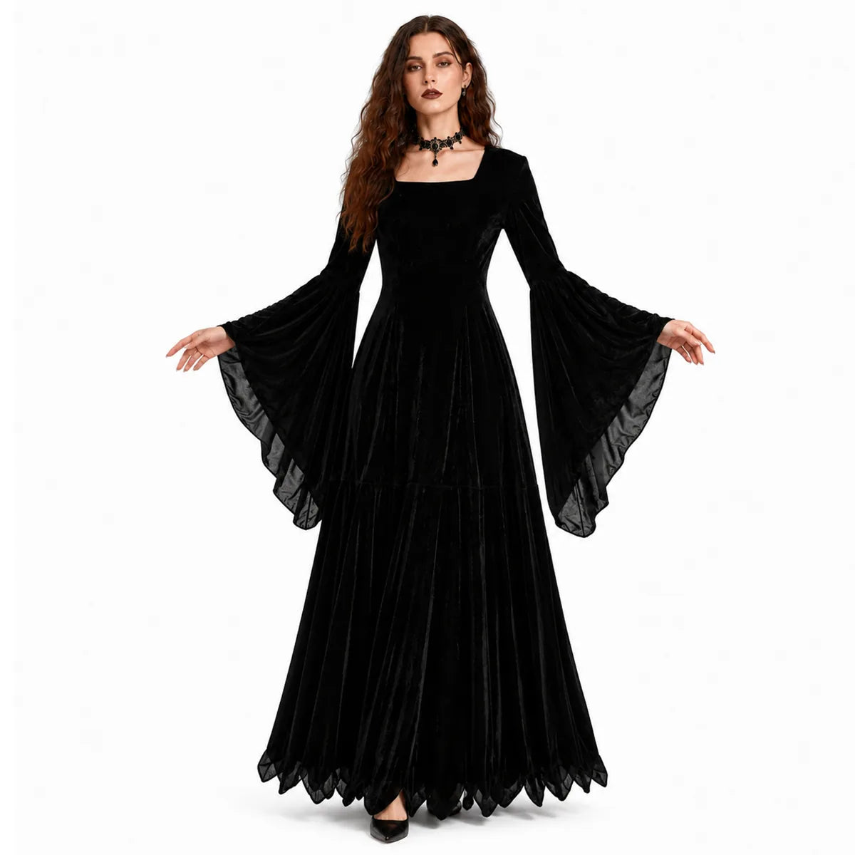 Woman modeling black Gothic velvet witch dress