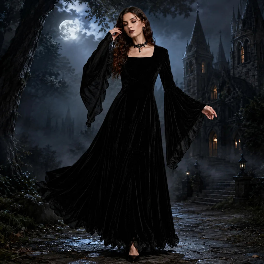 Black velvet witch dress in moonlit castle scene