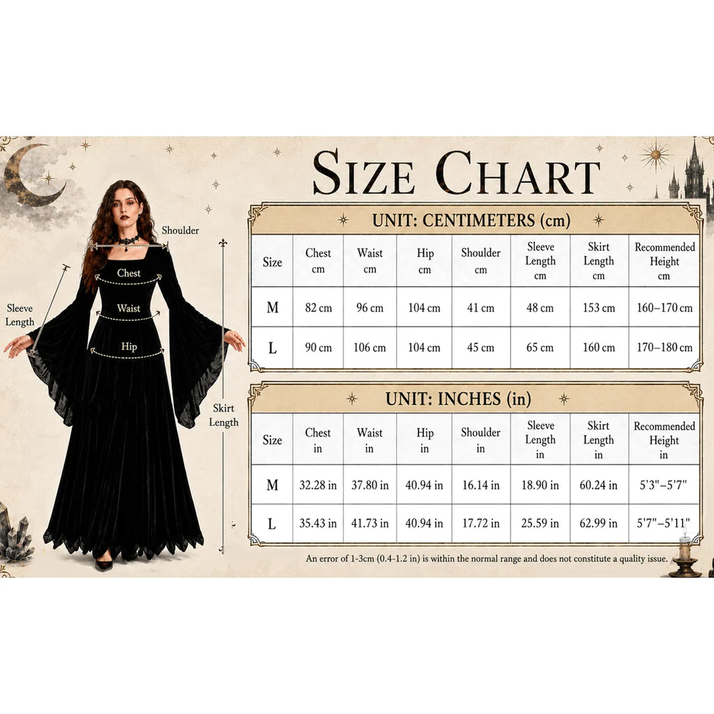 Women’s black Gothic velvet dress size chart M and L
