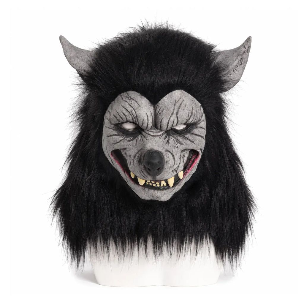 Black-haired werewolf full-head mask with gray face and pointed ears.