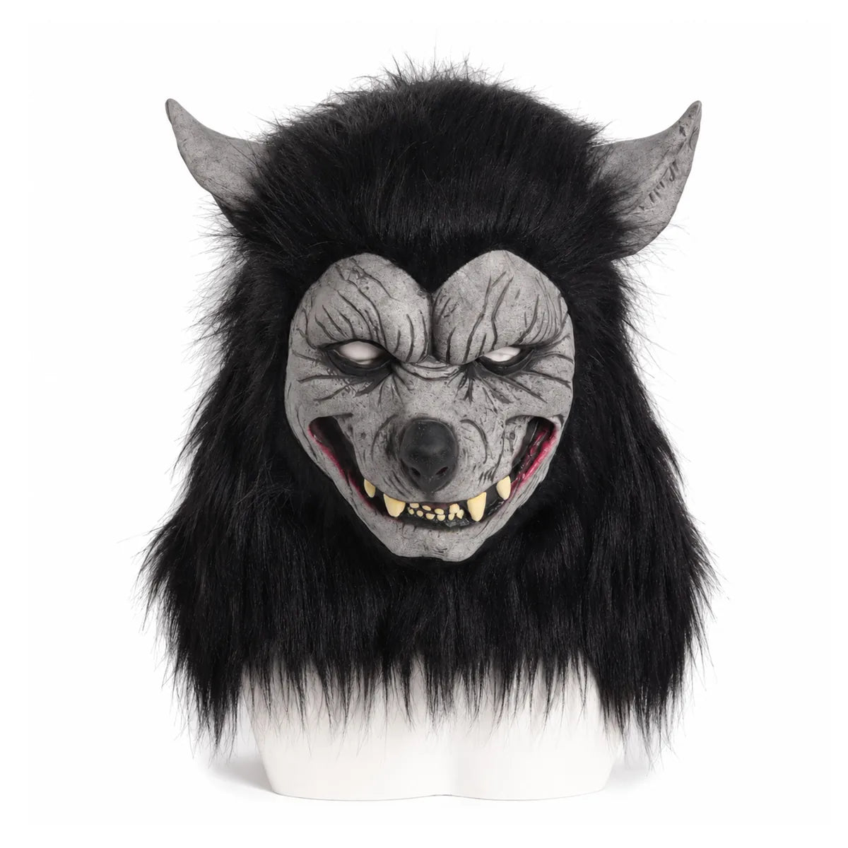 Black-haired werewolf full-head mask with gray face and pointed ears.