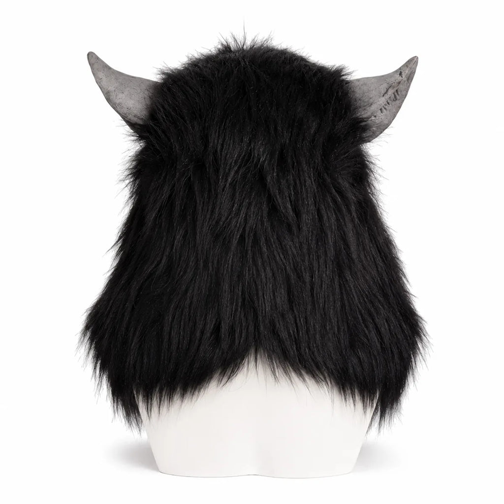 Back view of the black hair werewolf mask, showing the rear shape and visible construction.