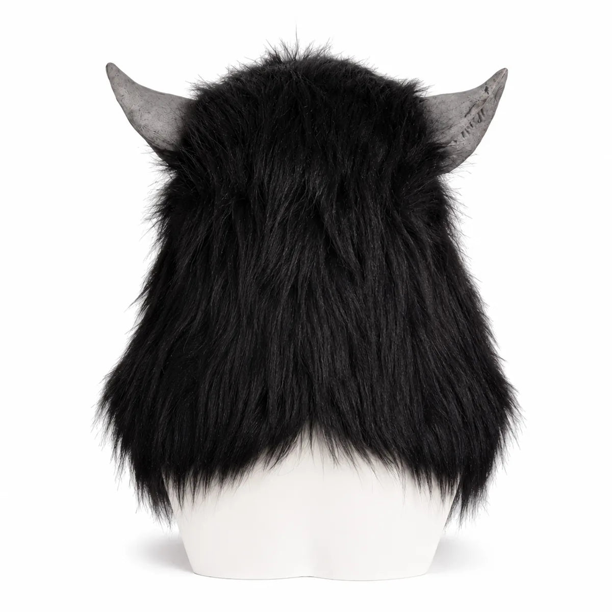 Back view of the black hair werewolf mask, showing the rear shape and visible construction.