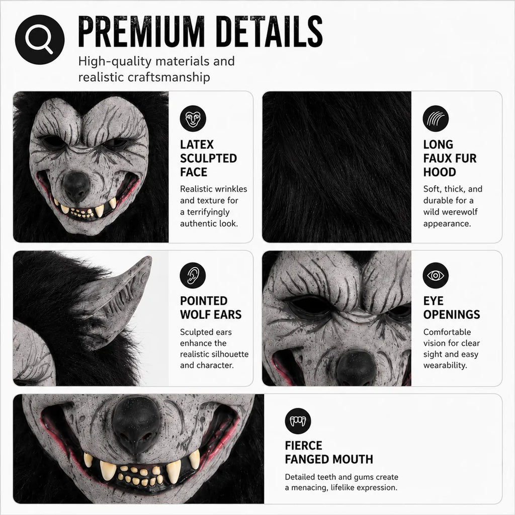 Detail graphic of the black-hair werewolf full-head mask highlights latex face, faux fur, ears, eyes, and fanged mouth.