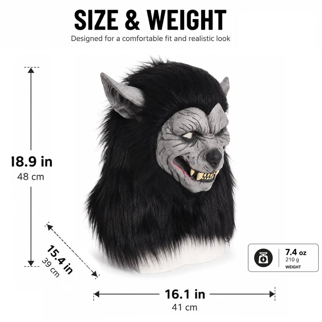 Dimension chart for the black hair werewolf mask, showing the listed product measurements and scale.