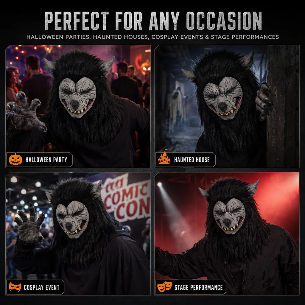 Werewolf full-head mask shown at Halloween, haunted house, cosplay, and stage events.