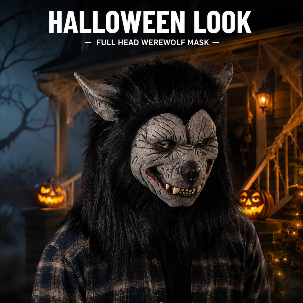 The black hair werewolf mask halloween displayed in a styled Halloween scene for visual context.
