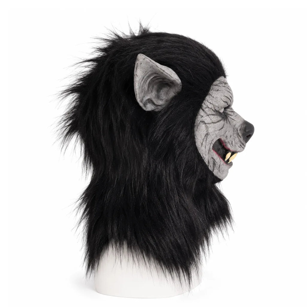 Side view of the black-hair werewolf full-head mask, highlighting the pointed ear, snout, and fur hood.