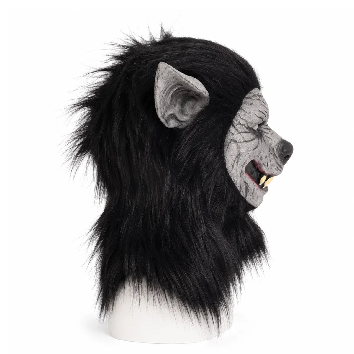 Side view of the black-hair werewolf full-head mask, highlighting the pointed ear, snout, and fur hood.