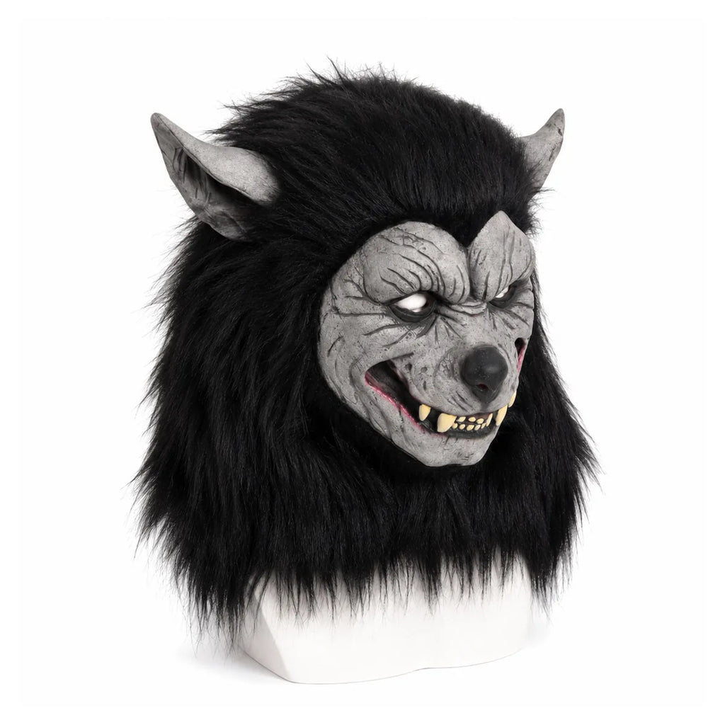 Three-quarter view of the black-hair werewolf full-head mask shows the long black faux fur and sculpted face.
