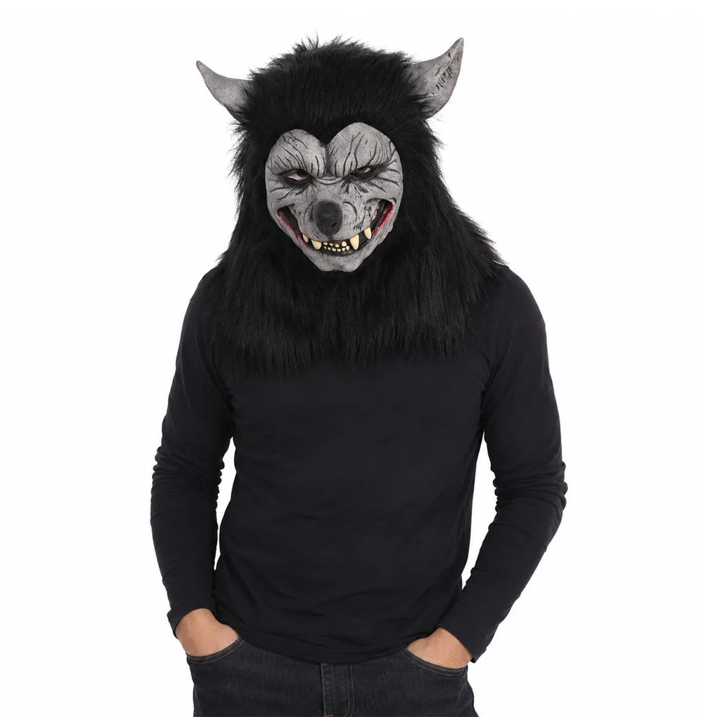 Styled view of the black hair werewolf mask, showing how the item appears in use.