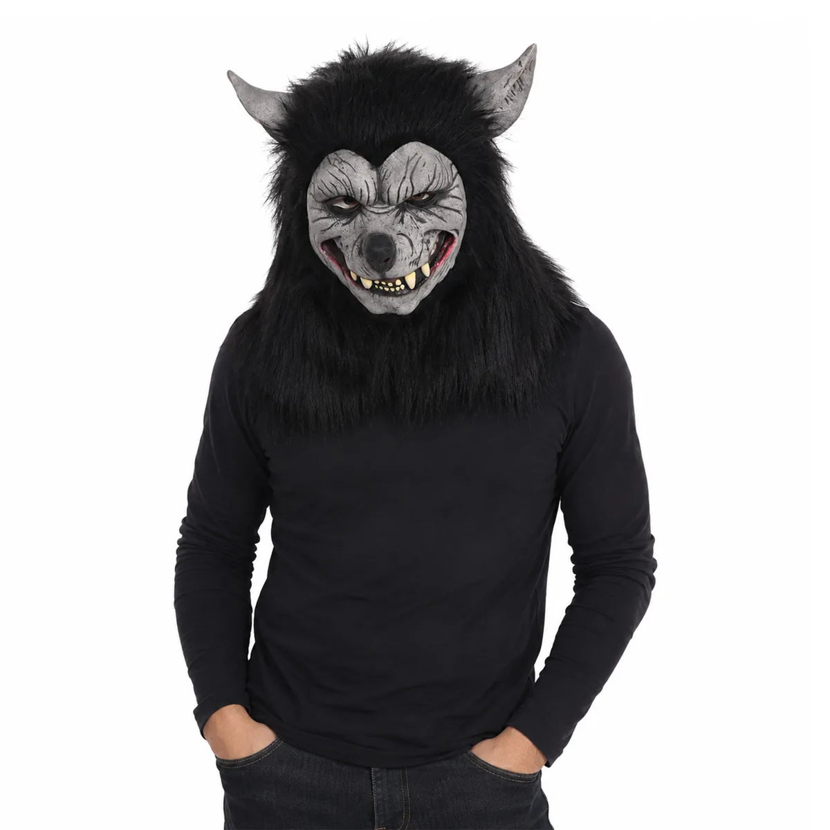 Styled view of the black hair werewolf mask, showing how the item appears in use.