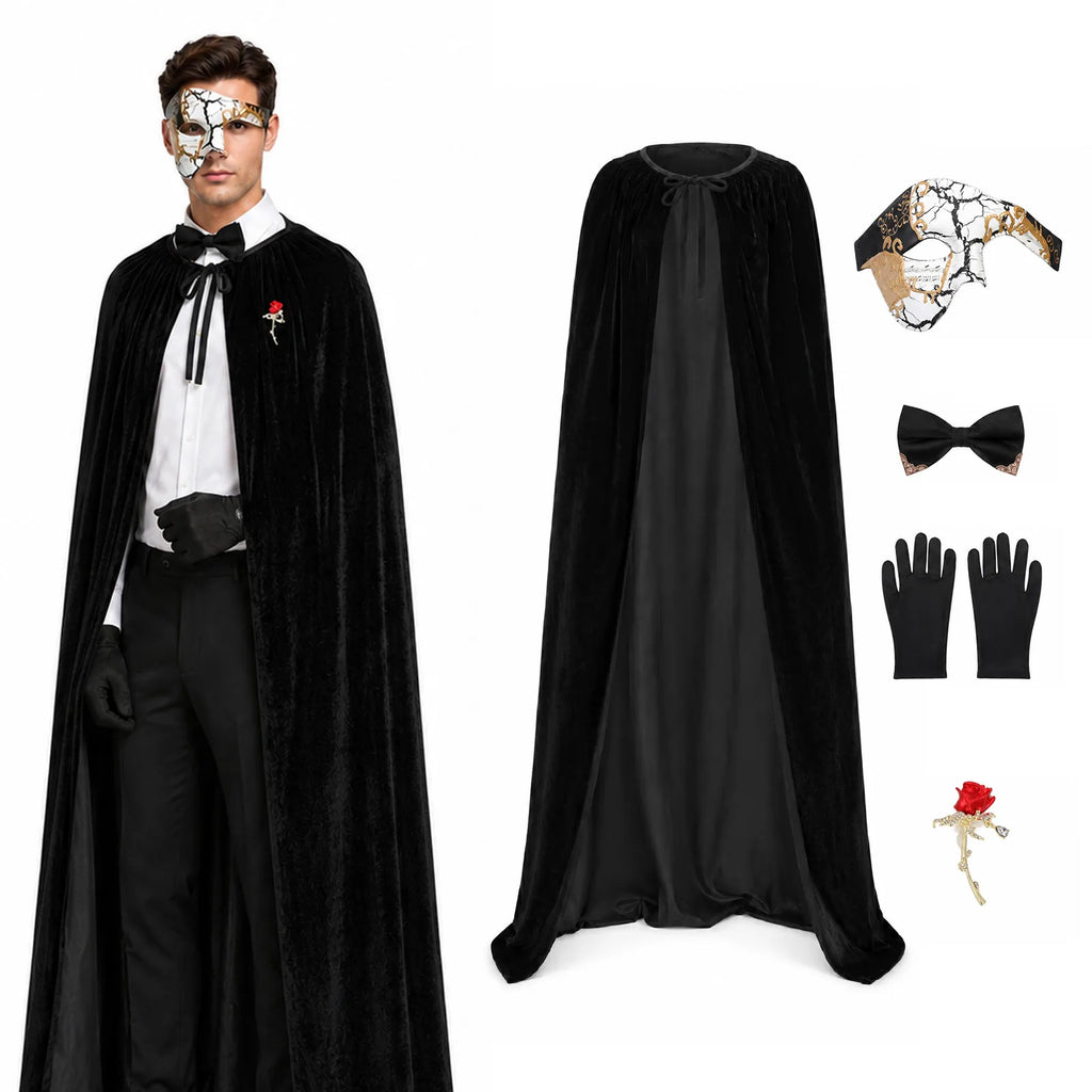 Black Hooded Cape & Cracked Mask Costume Set – 5 Pieces – default hero.