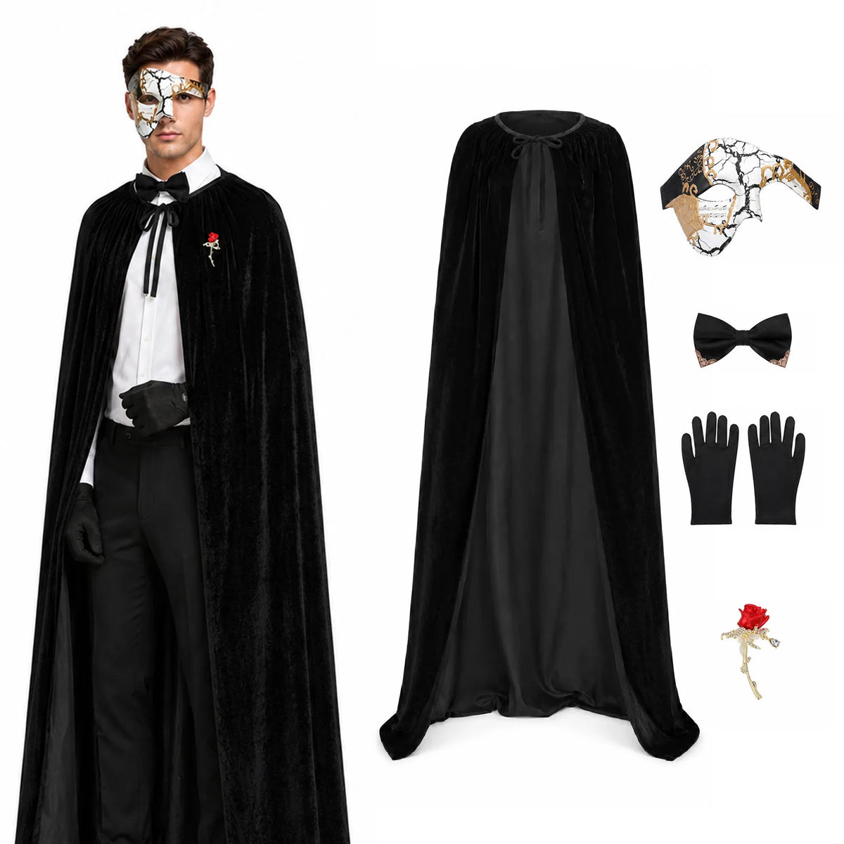 Black Hooded Cape & Cracked Mask Costume Set – 5 Pieces – default hero.