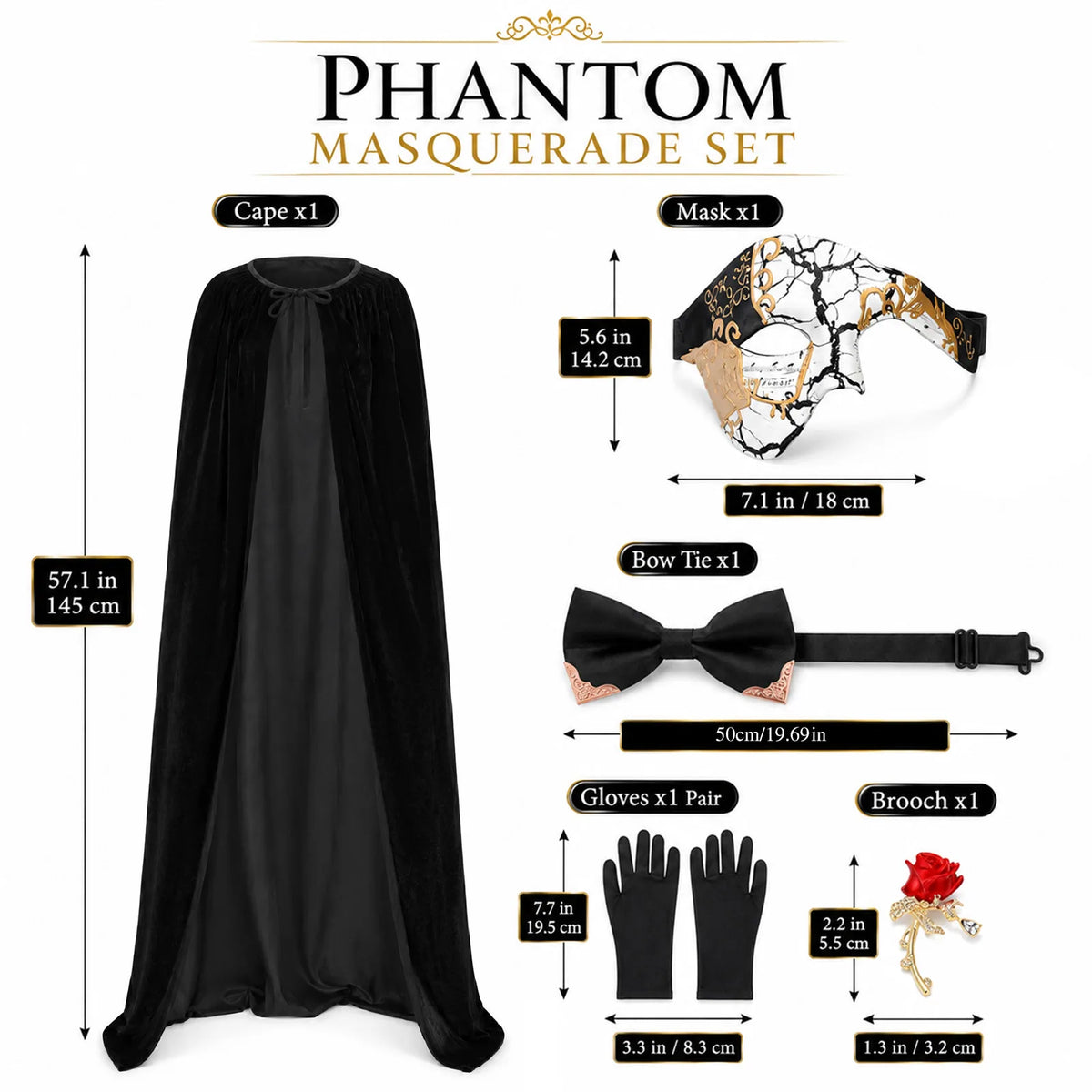 Black Hooded Cape & Cracked Mask Costume Set – 5 Pieces – default size chart.