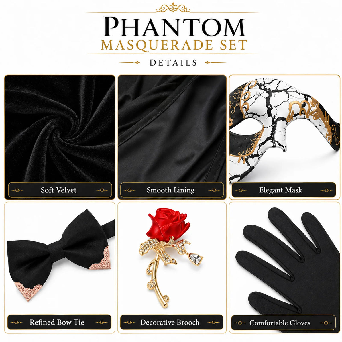 Black Hooded Cape & Cracked Mask Costume Set – 5 Pieces – default details.