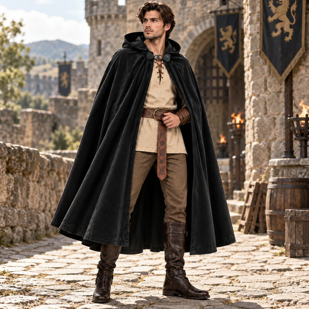 A man in a black hooded cloak with brown belt walks across a cobblestone castle courtyard hung with banners.