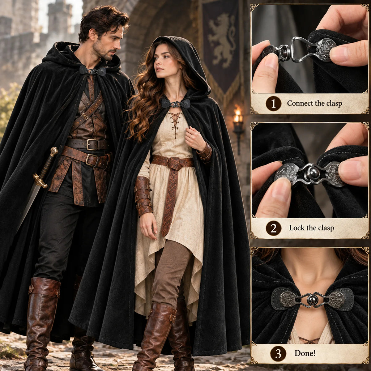 A couple in black hooded cloaks beside three steps showing how to fasten the clasp: Connect the clasp, Lock the clasp, Done!