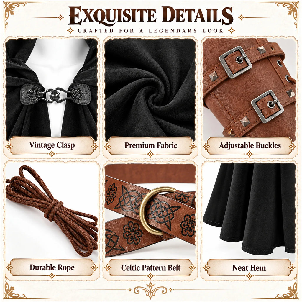 Exquisite Details panel with black cloak close-ups: Vintage Clasp, Premium Fabric, Adjustable Buckles, Durable Rope, Celtic Pattern Belt and Neat Hem.