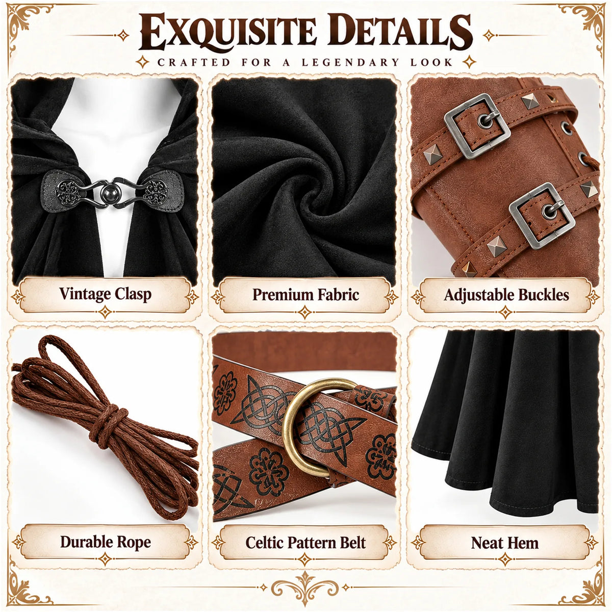 Exquisite Details panel with black cloak close-ups: Vintage Clasp, Premium Fabric, Adjustable Buckles, Durable Rope, Celtic Pattern Belt and Neat Hem.