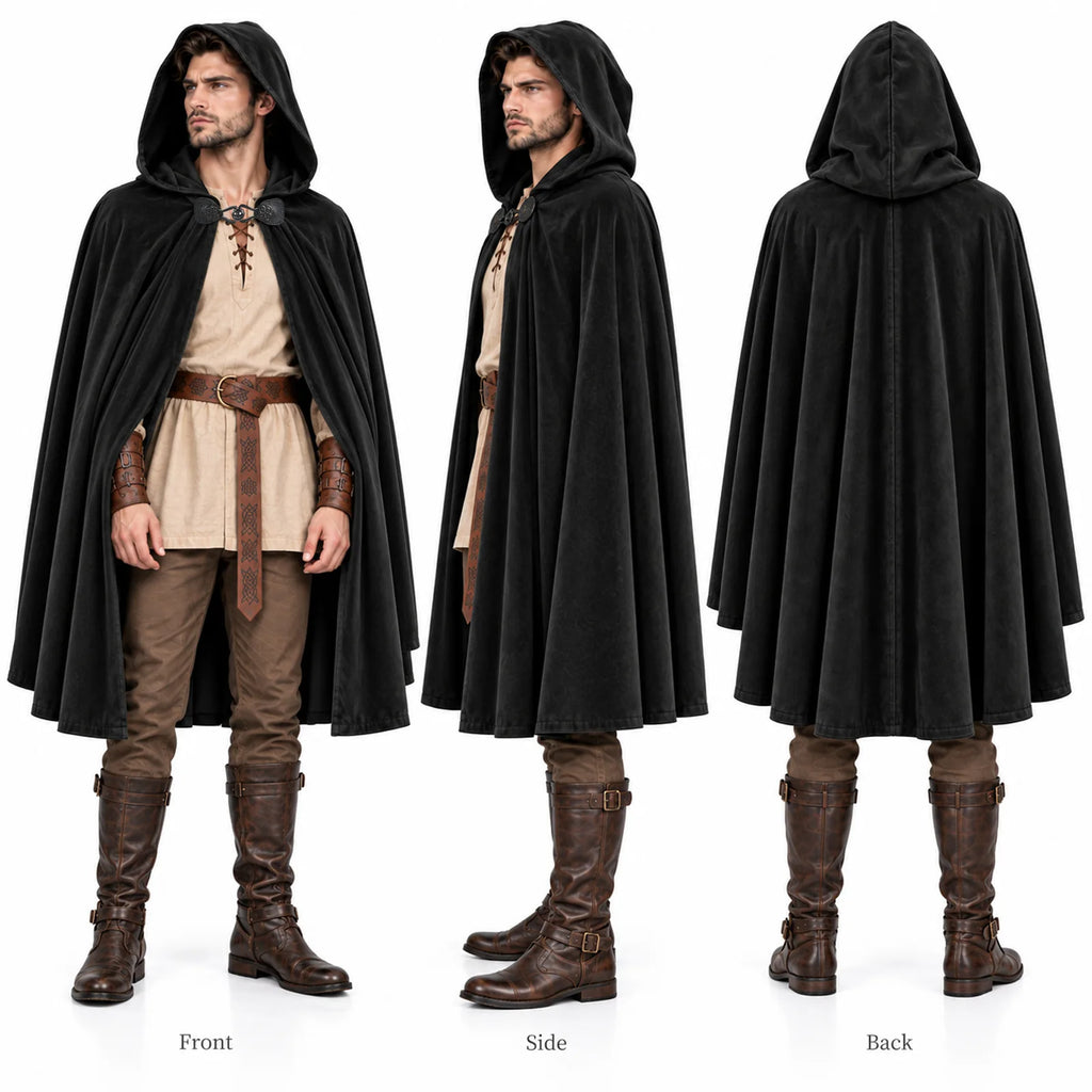 A man models the black hooded cloak from labeled front, side and back views on a white background.