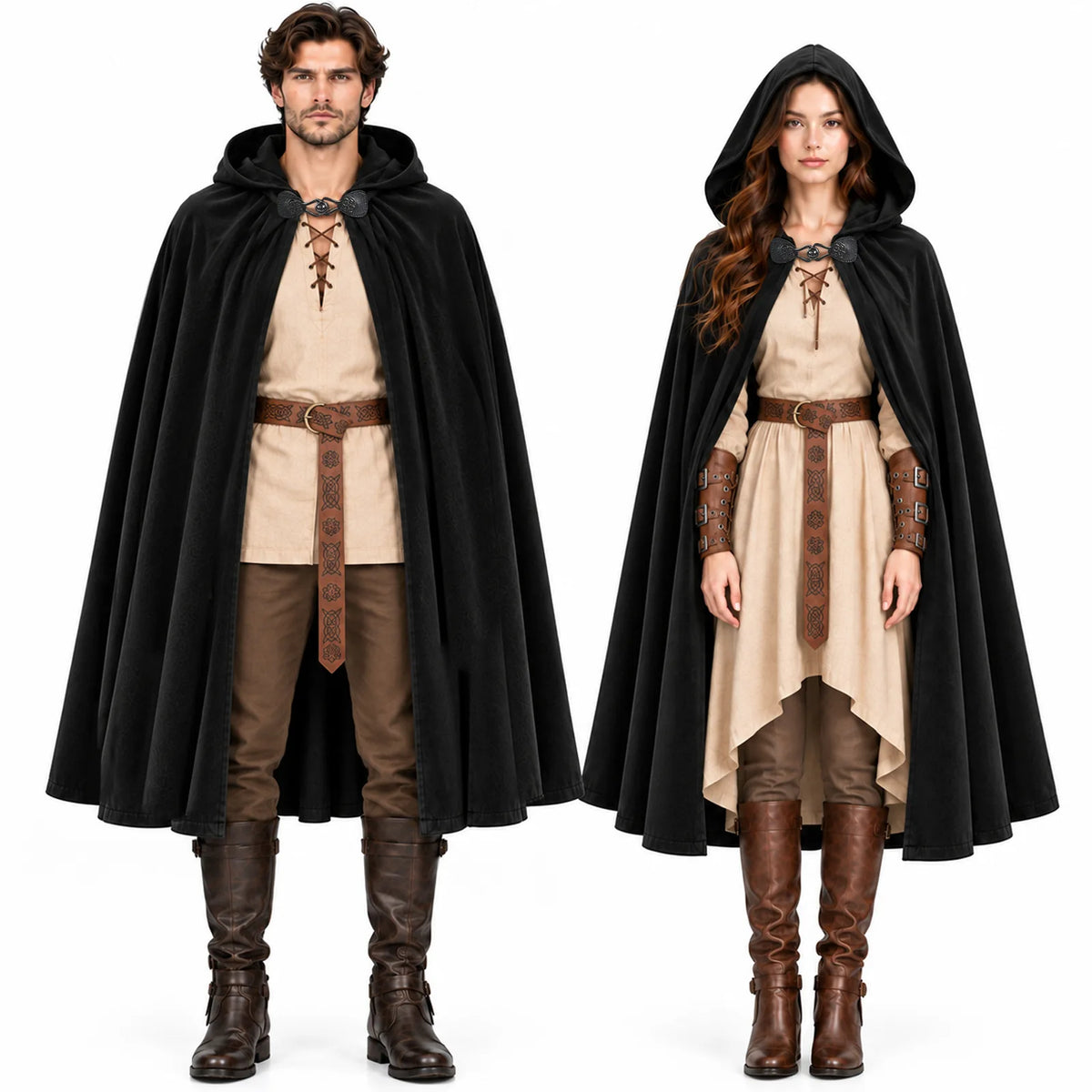 A man and a woman stand side by side wearing black hooded cloaks with brown leather wrist guards and belts.