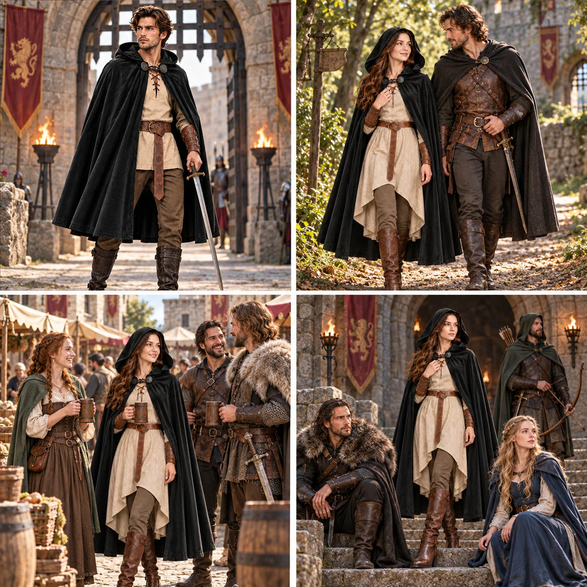 Four-panel collage of people wearing black hooded cloaks in castle, tavern and fireside medieval settings.