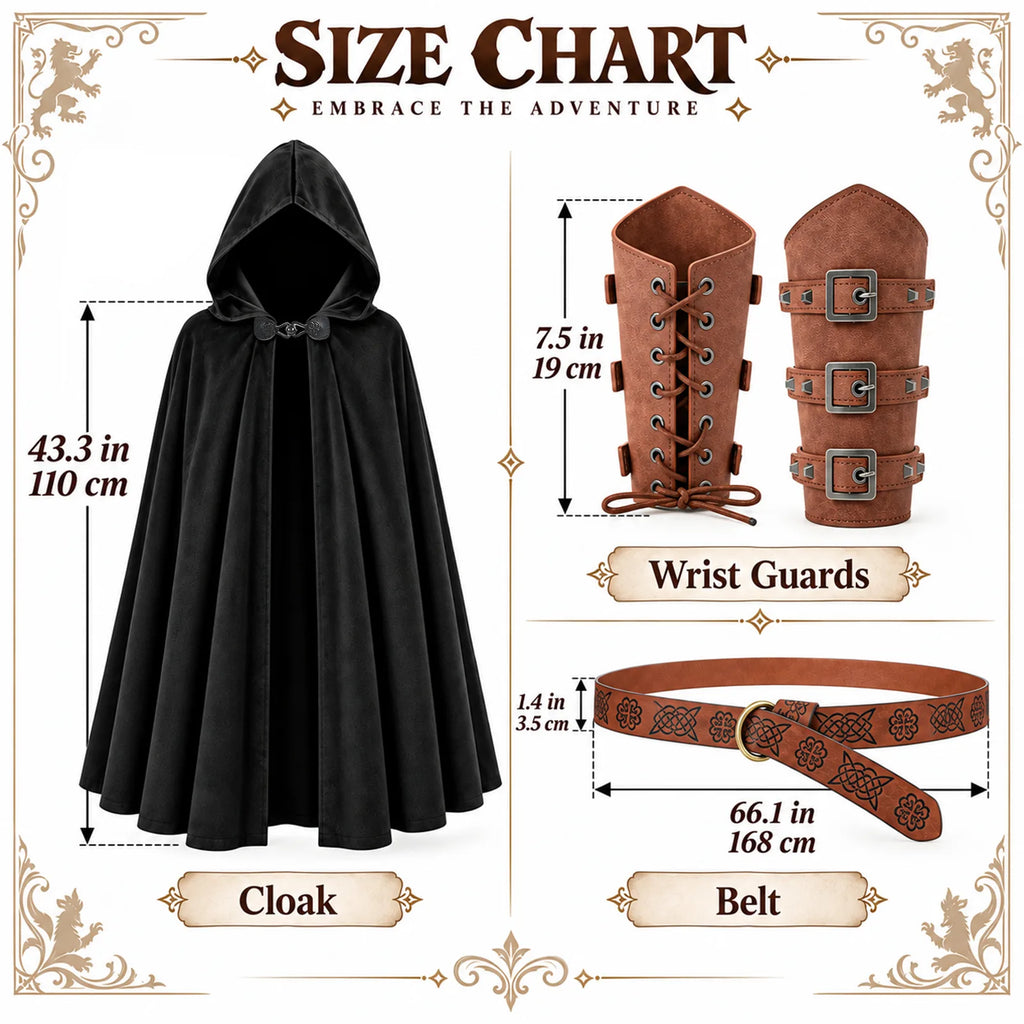 Size chart titled Embrace the Adventure: black cloak 43.3 in / 110 cm, wrist guards 7.5 in / 19 cm, belt 66.1 in / 168 cm by 1.4 in / 3.5 cm.