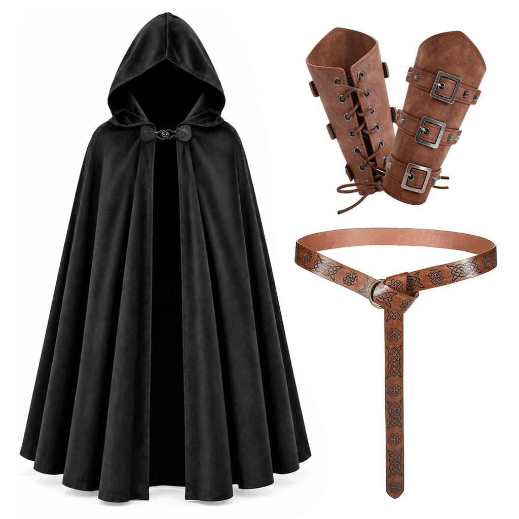 The black hooded cloak laid out with a pair of brown leather wrist guards and a brown Celtic pattern belt.