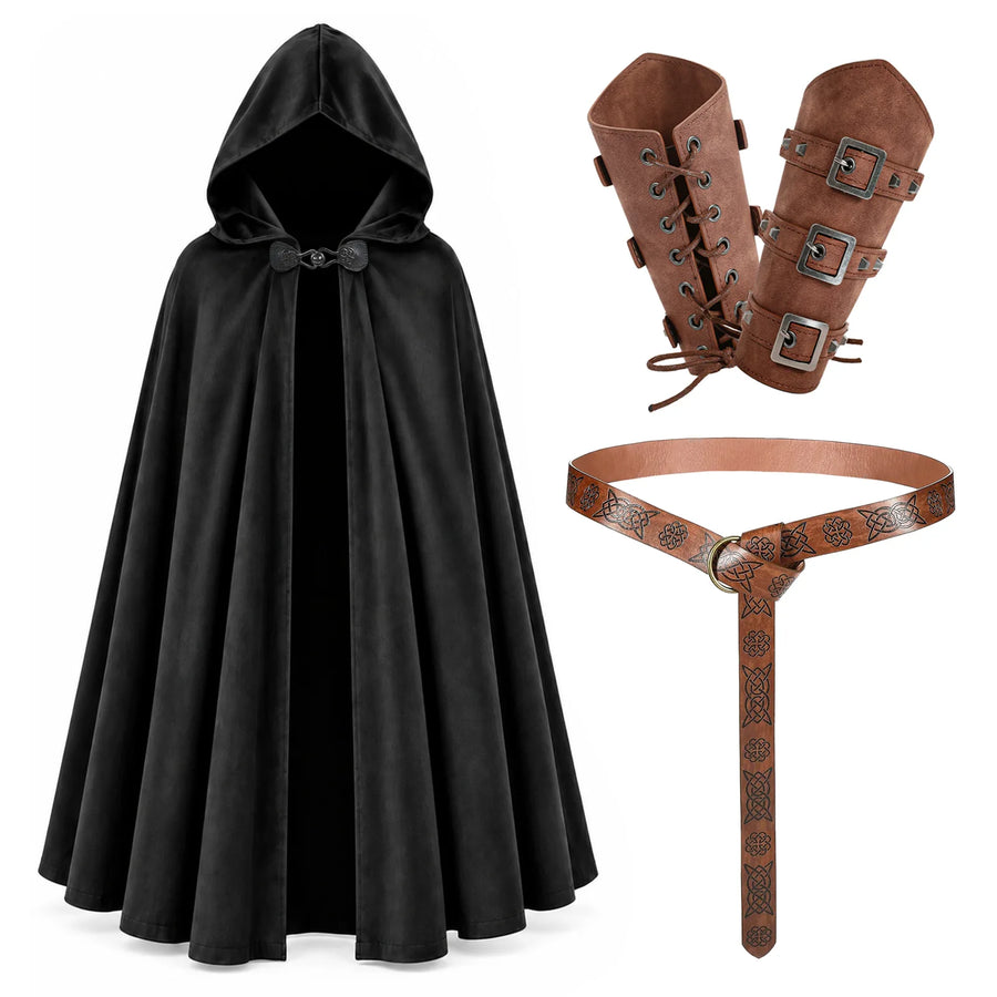 The black hooded cloak laid out with a pair of brown leather wrist guards and a brown Celtic pattern belt.