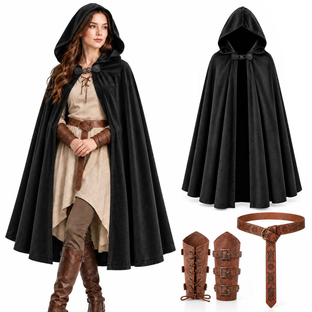 A woman wears the black hooded cloak beside the empty cloak, two brown wrist guards and the brown belt.