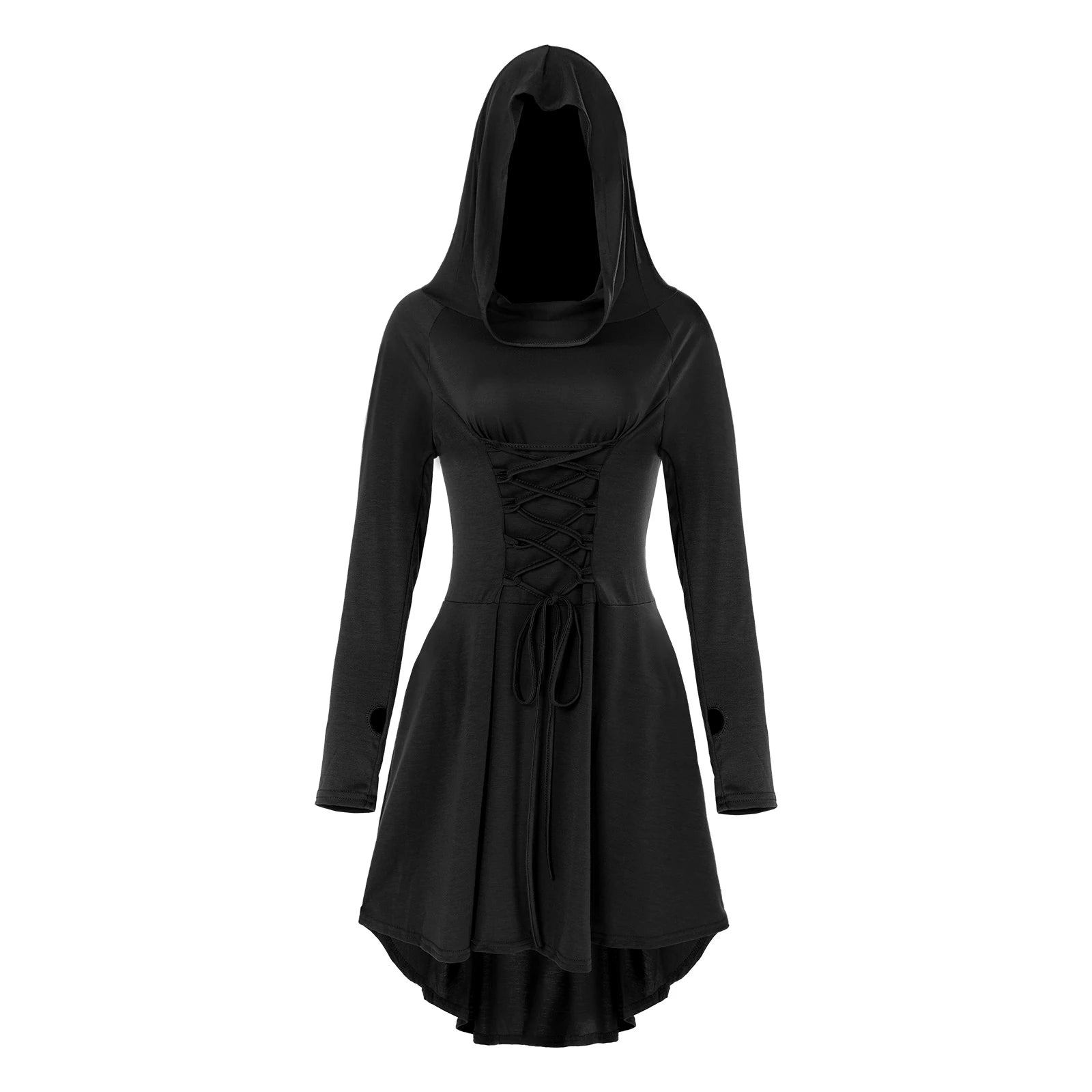 Black hooded Renaissance dress with lace-up front, long sleeves and high-low skirt