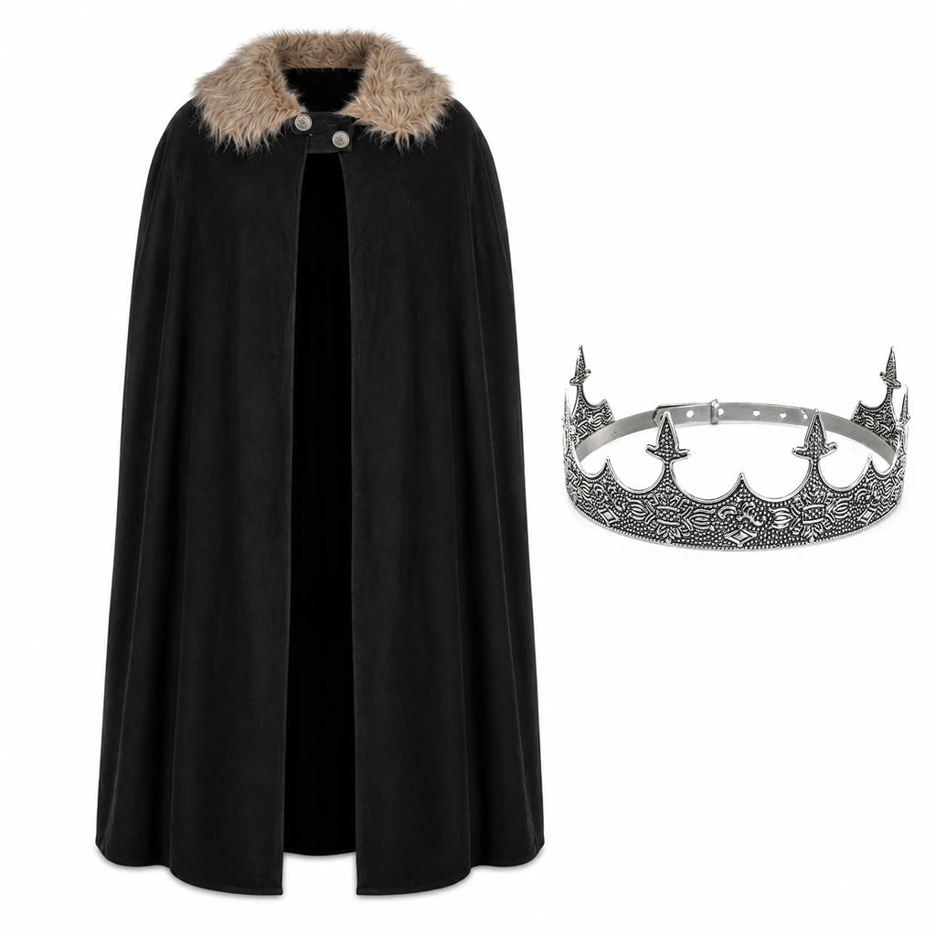 Black king cape and silver-tone crown shown together.