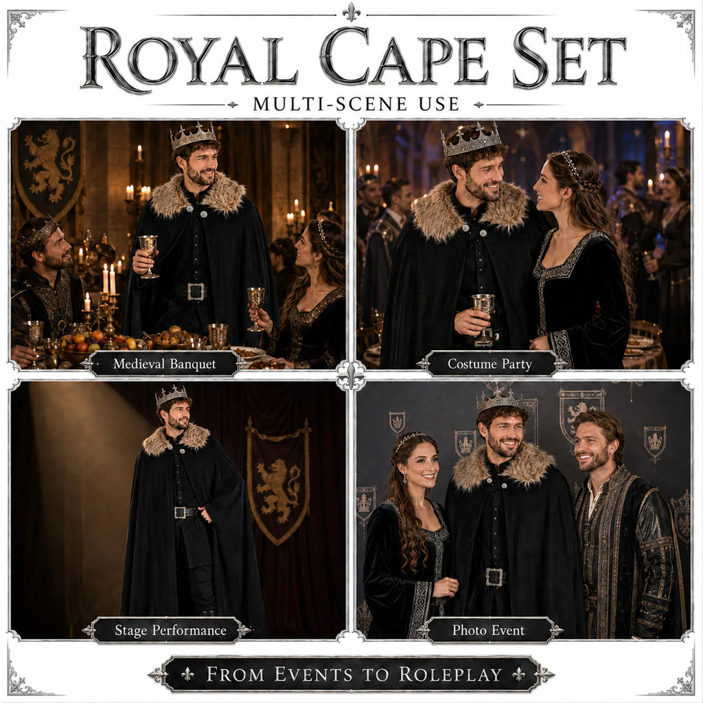 Black king cape and crown styled for royal, medieval and Halloween scenes.