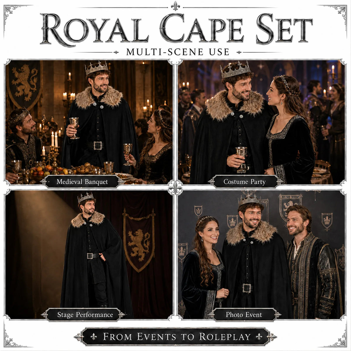 Black king cape and crown styled for royal, medieval and Halloween scenes.