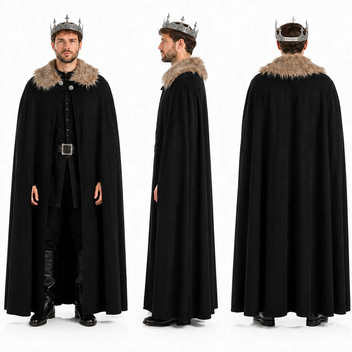 Black king cape shown from front, side and back views.