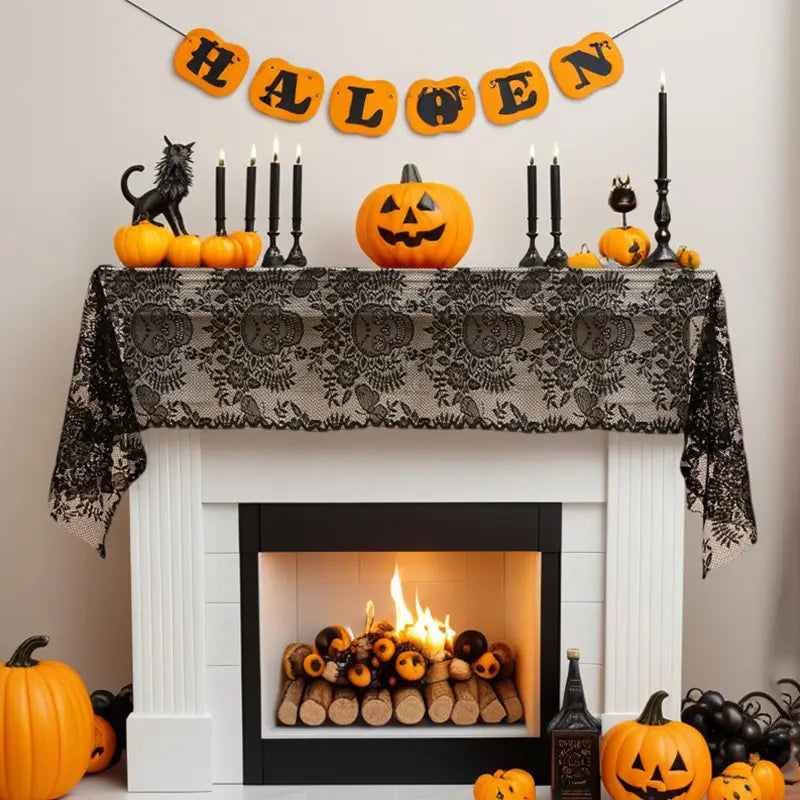 Black lace skull table runner styled on a fireplace mantel with pumpkins, candles, and Halloween decorations.