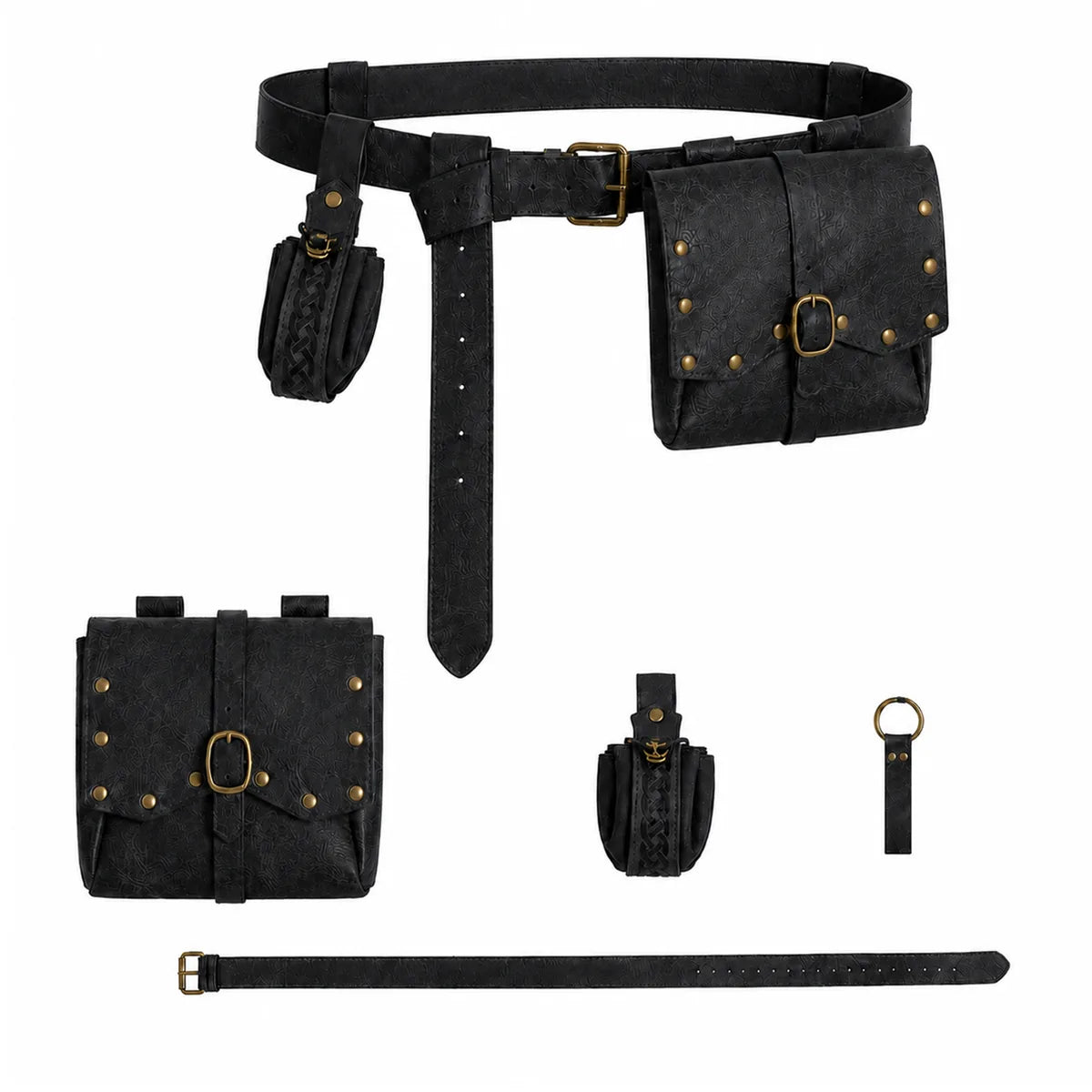 Back view of the black medieval belt set, showing the rear shape and visible construction.