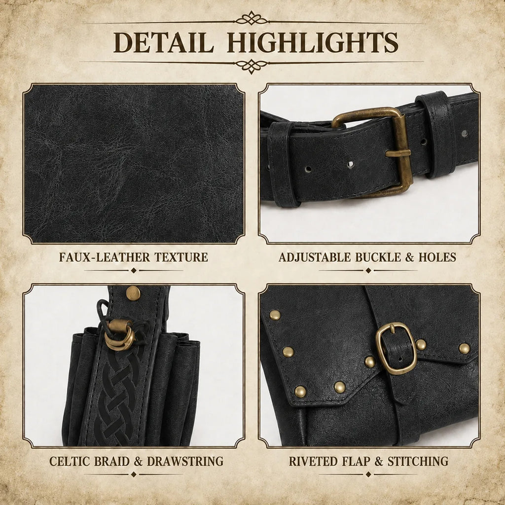 Close-up details of the black medieval belt set, showing visible texture, color, and construction.